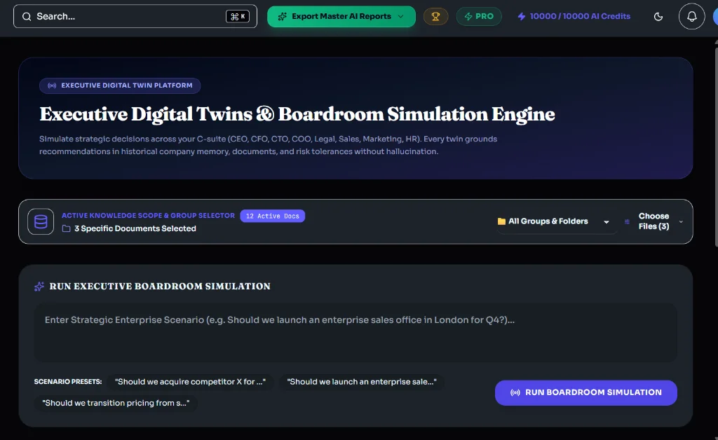 Executive Digital Twins & Boardroom Simulation Engine Interface Screenshot